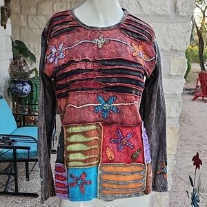 Vtg Rising International Nepal Boho Hippie Patchwork Hand Dyed Cotton Shirt M